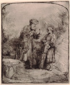 Abraham and Isaac, 1645, by Rembrandt van Rijn, etching and burin sheet (trimmed to plate mark): 16.1 x 13.3 cm (6 5/16 x 5 1/4 in.), at the National Gallery of Art, Washington, DC 